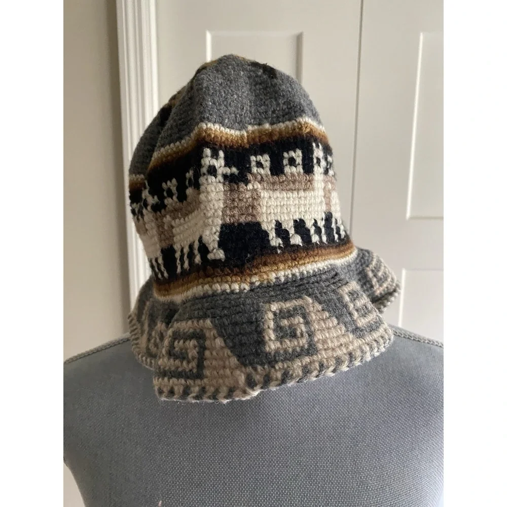 Crocheted Bucket Hat Llama Pattern Crochet Roll Up Handmade Rustic Alpaca s3